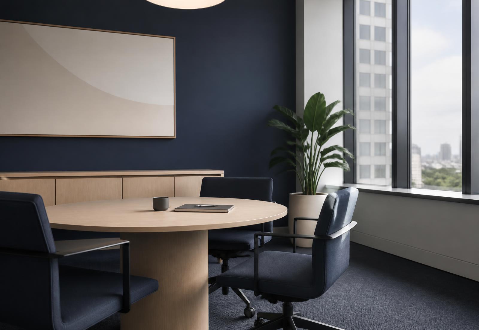 A calm modern Australian office meeting space with timber table and navy walls