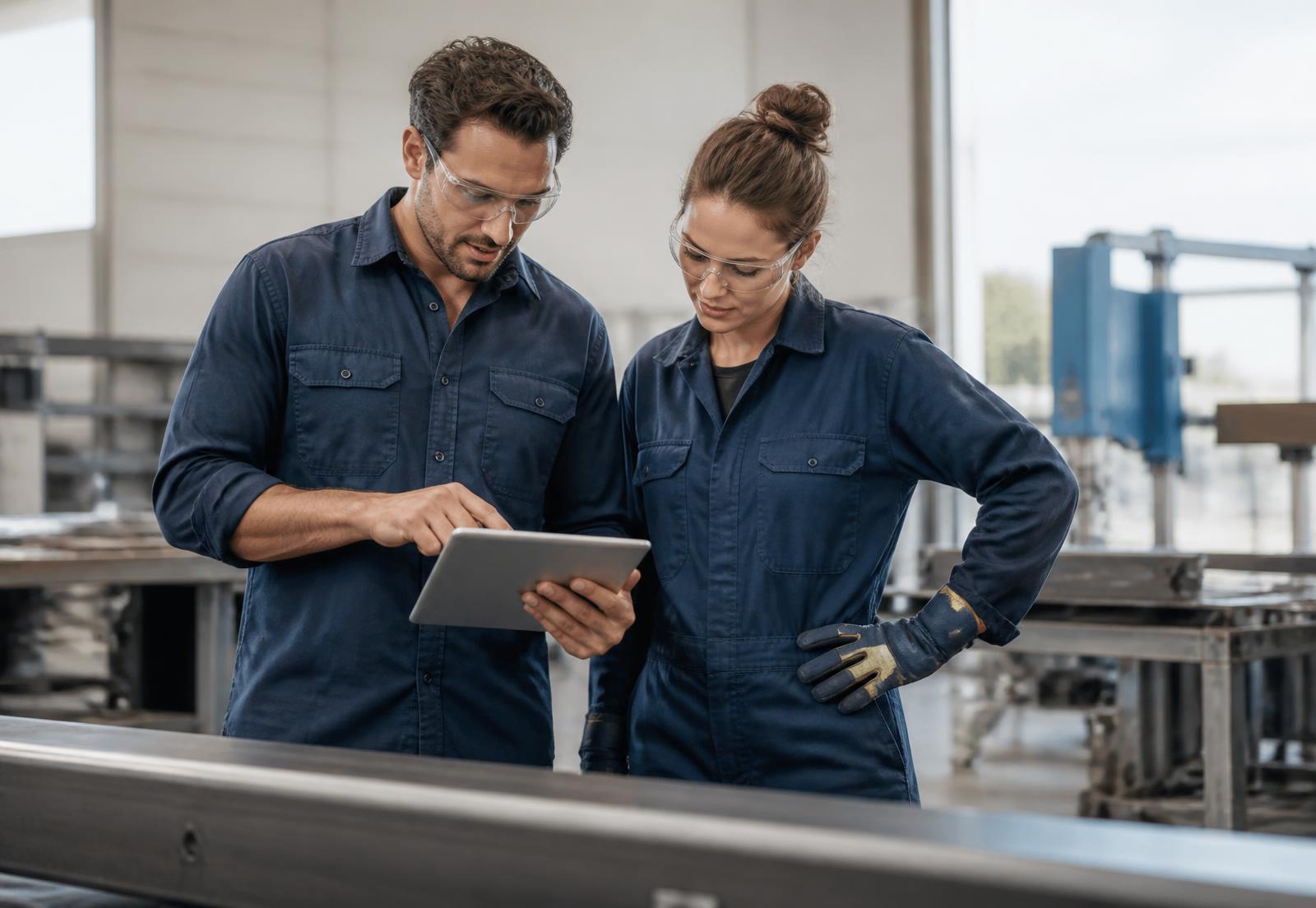 Two Australian fabrication workers reviewing job documentation on a tablet in a workshop